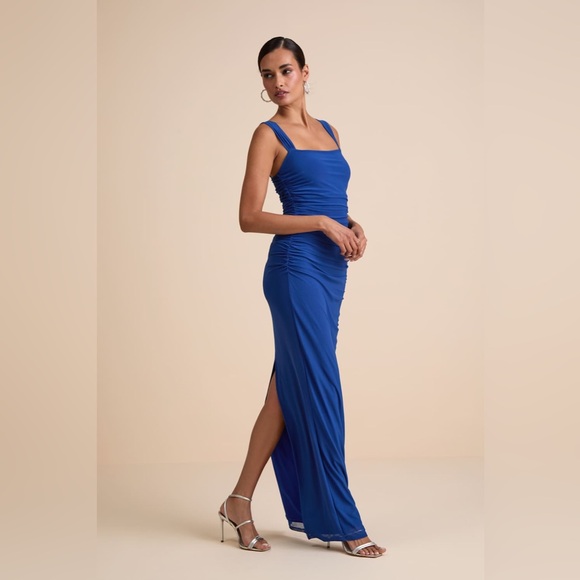Lulus Amazing Presence Blue Mesh Ruched Column Maxi
Dress - Picture 2 of 5
